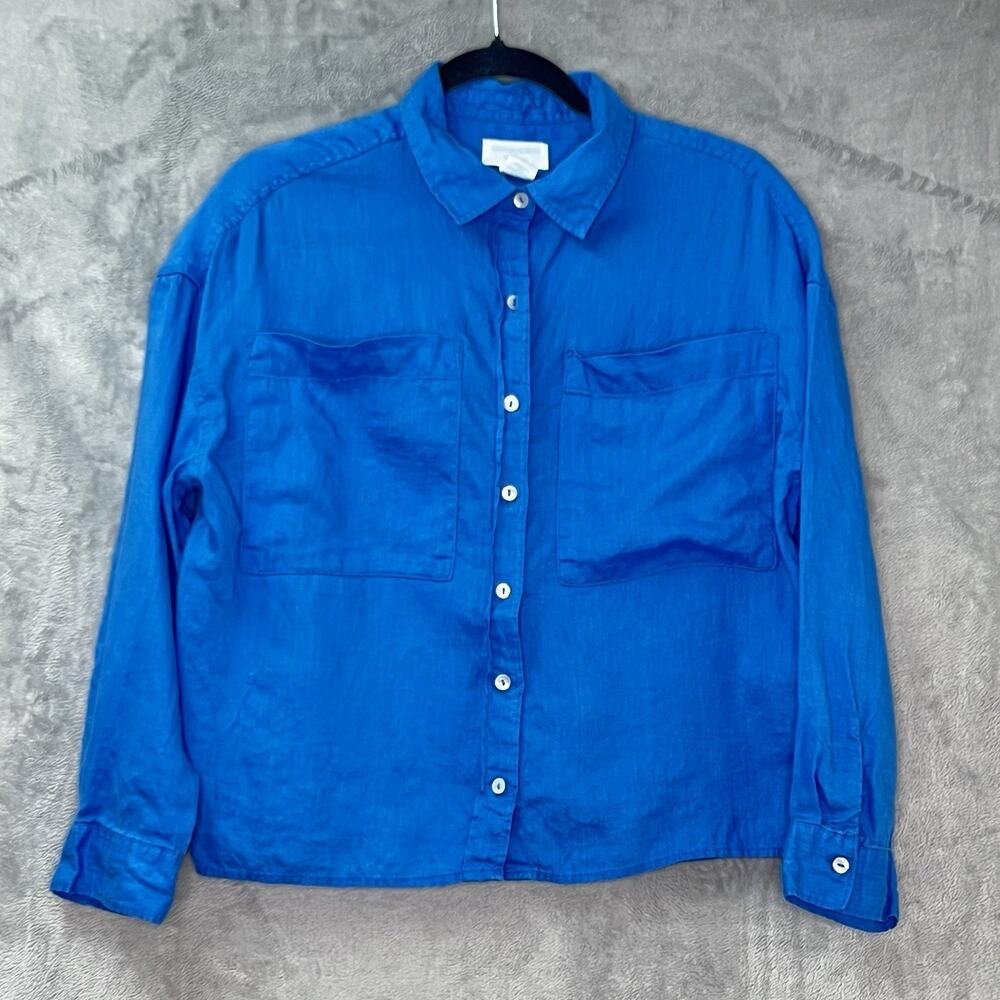 Cynthia Rowley Women Sz M 100% Linen Blue Button Down Shirt Boxy Cropped‎ Pocket